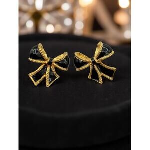 KJL for Avon Black Enamel Bow Gold Tone Clip On Earrings